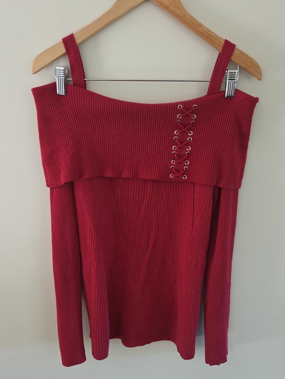 Off-Shoulder Ribbed Long Sleeve Dress in Burgundy